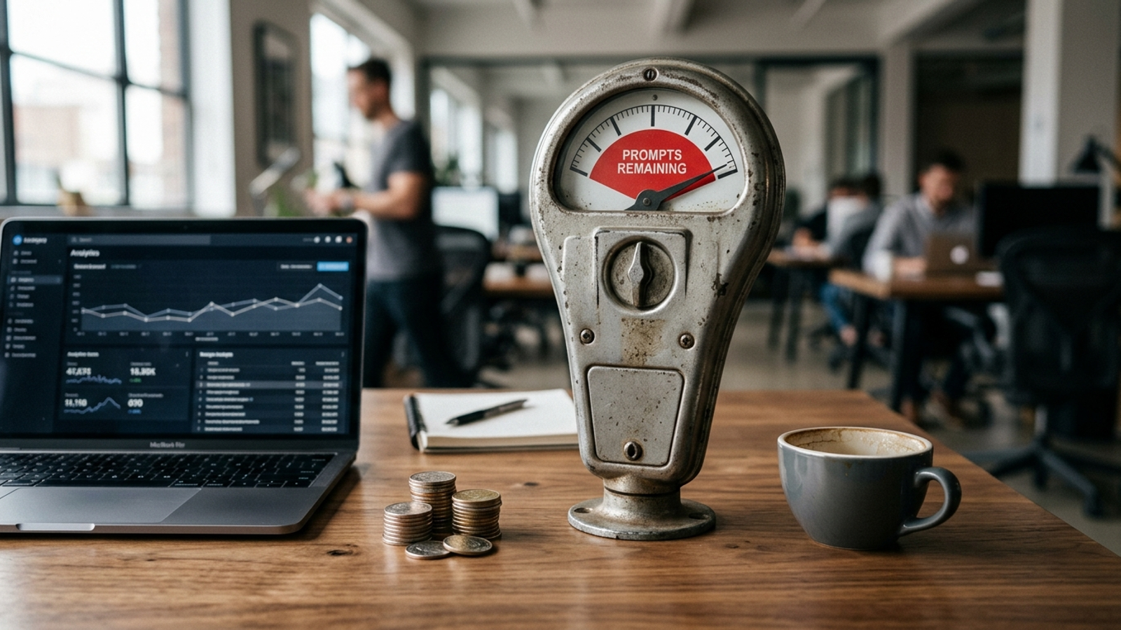A brass parking meter on an office desk shows a gauge labeled Prompts Remaining; coins sit beside a laptop.